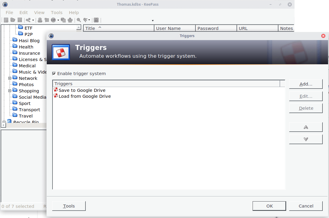 Configure triggers to Load and Save your KeePass database file with Google Drive